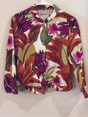 Life Style Petite, Medium, Tropic Floral Button-Front Jacket Brown, Pink & Olive